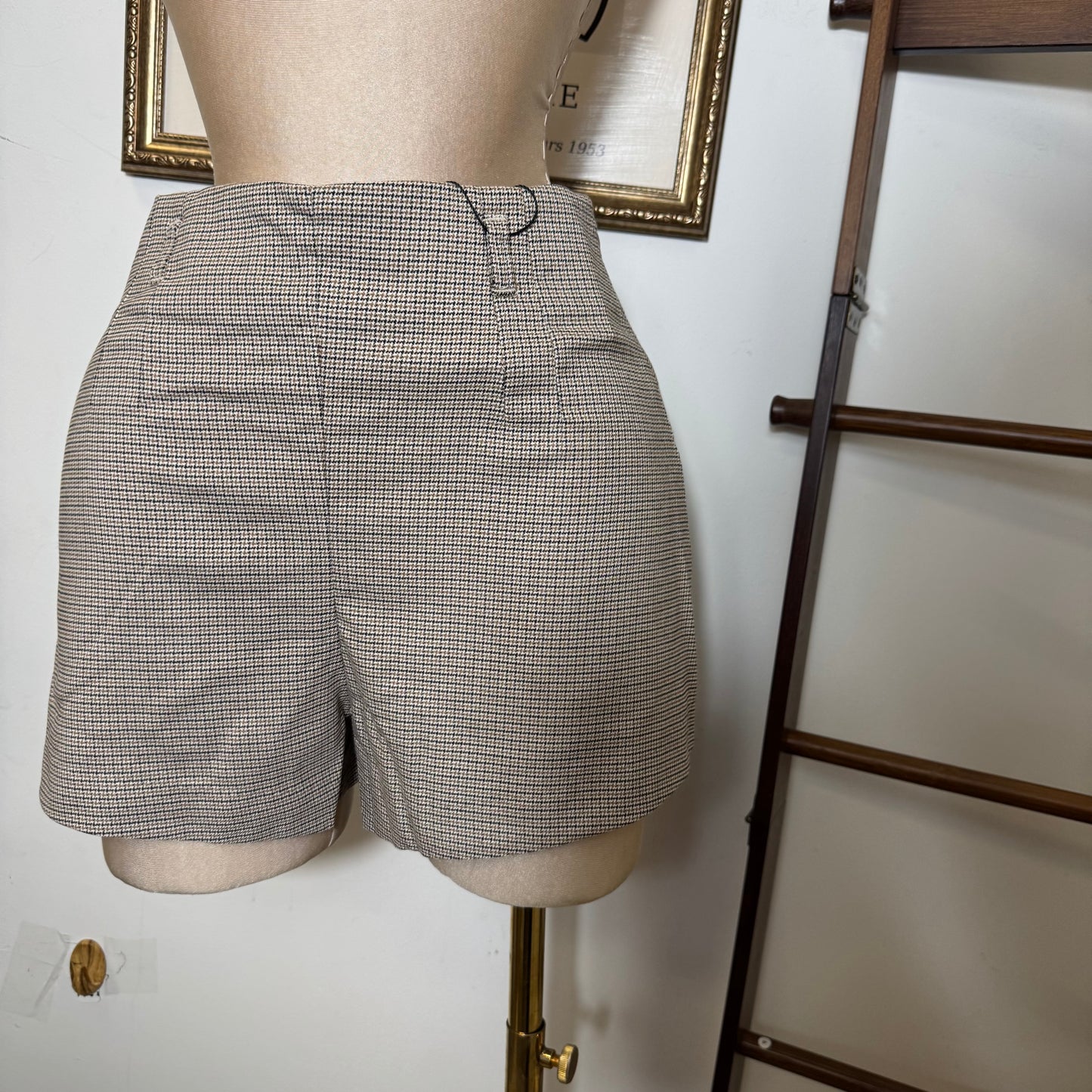 Checked High Waisted Shorts-Taupe