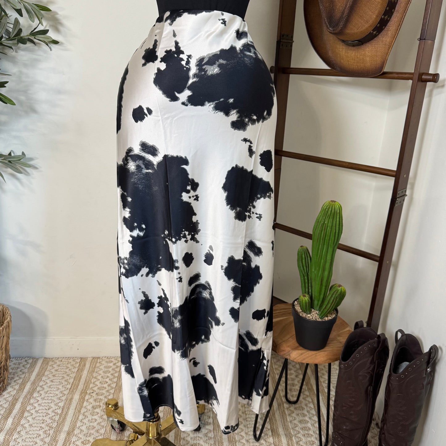 Cow Print Satin Maxi Skirt-Black