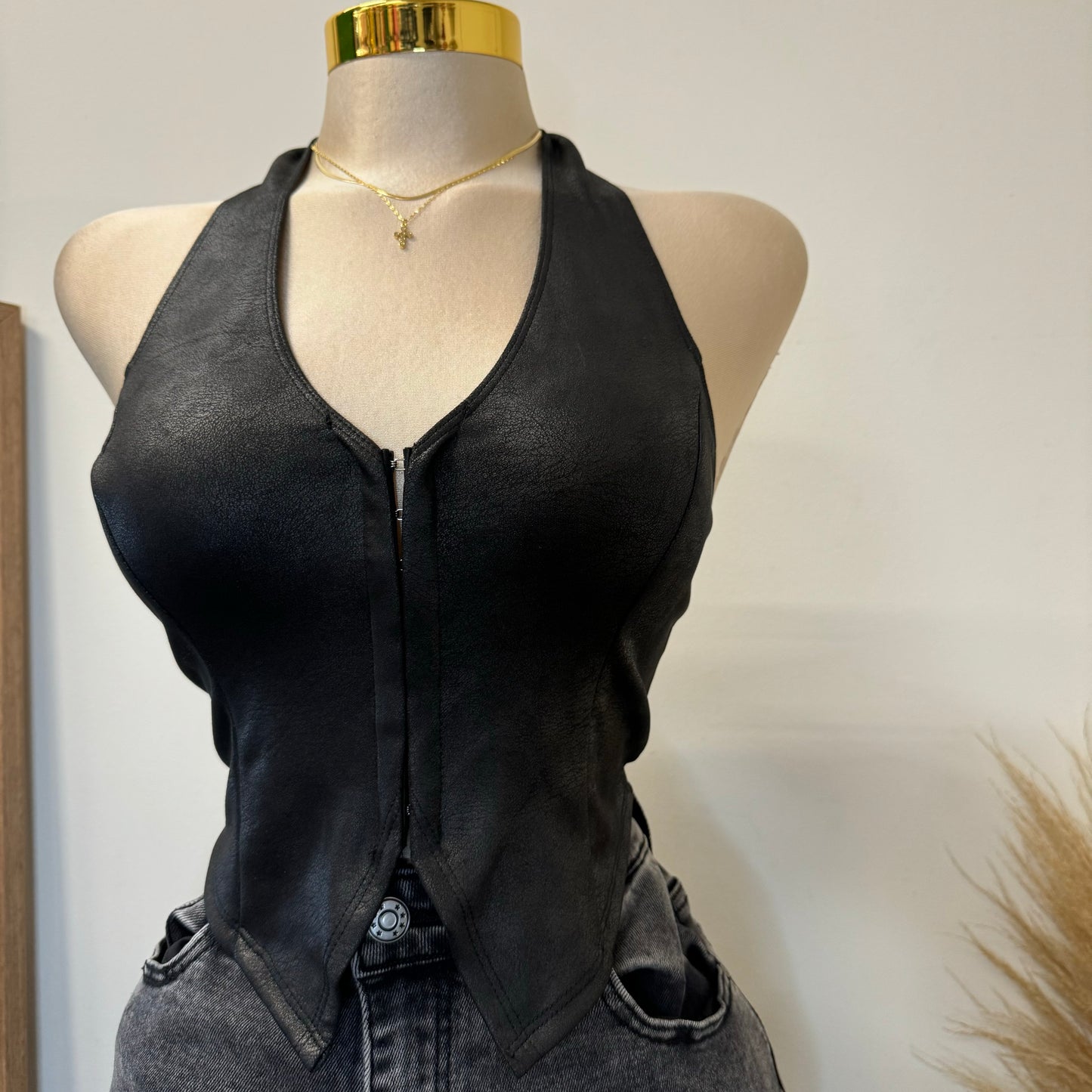 Suede Halter Crop Top Leather- Black