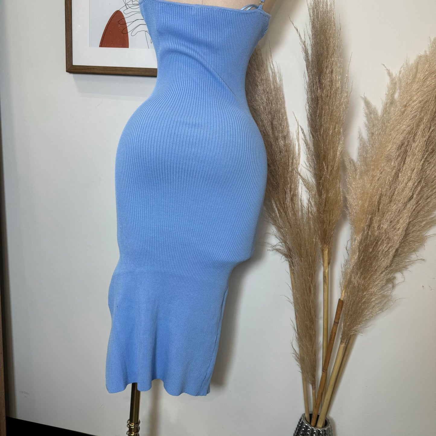 Cielito Open Slit Ribbed Midi Dress-Blue