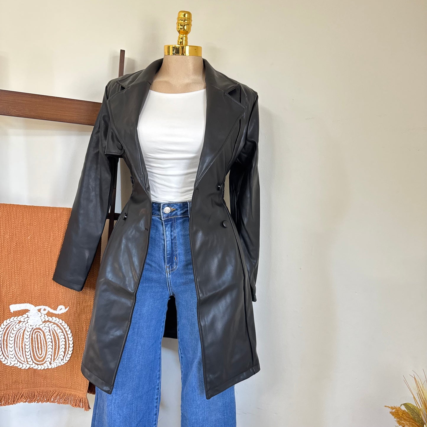 PU double Breasted Belted Trench Coat-Black