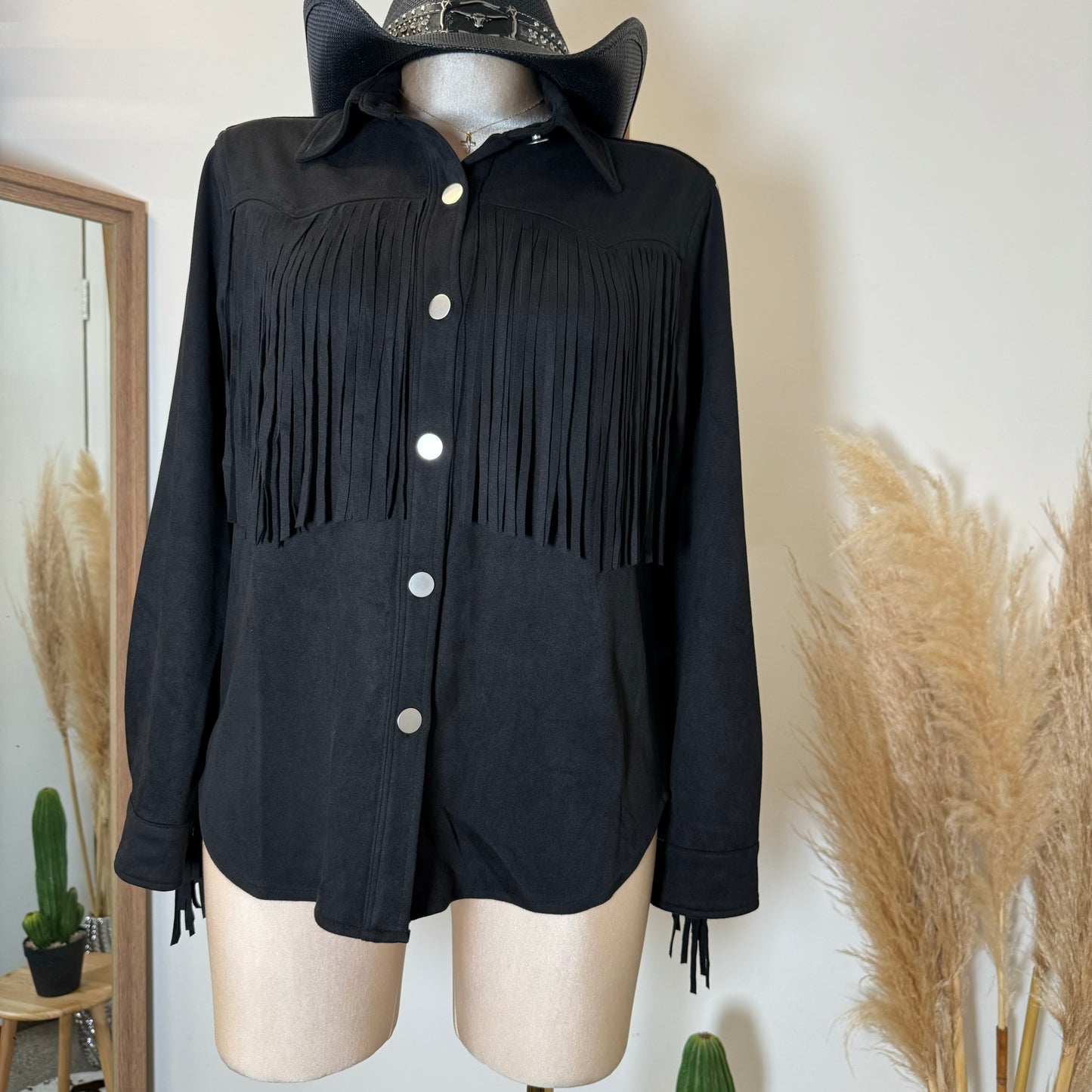 Dime Suede Button Shirt with Fringe-Black