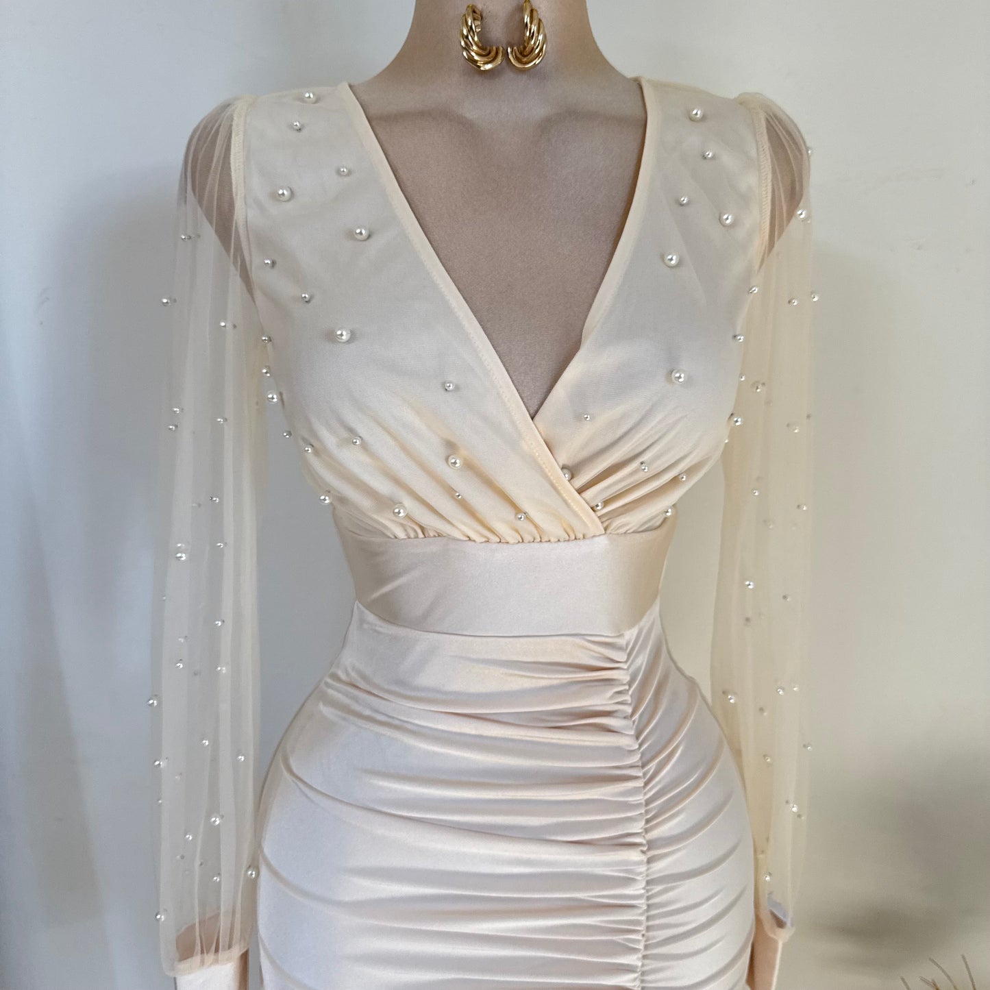 Pearl Beaded Mesh Power Satin Midi Dress-Cream