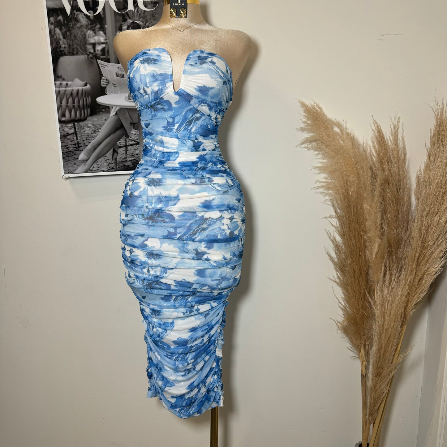 Strapless Mesh Print Dress-Baby Blue/White