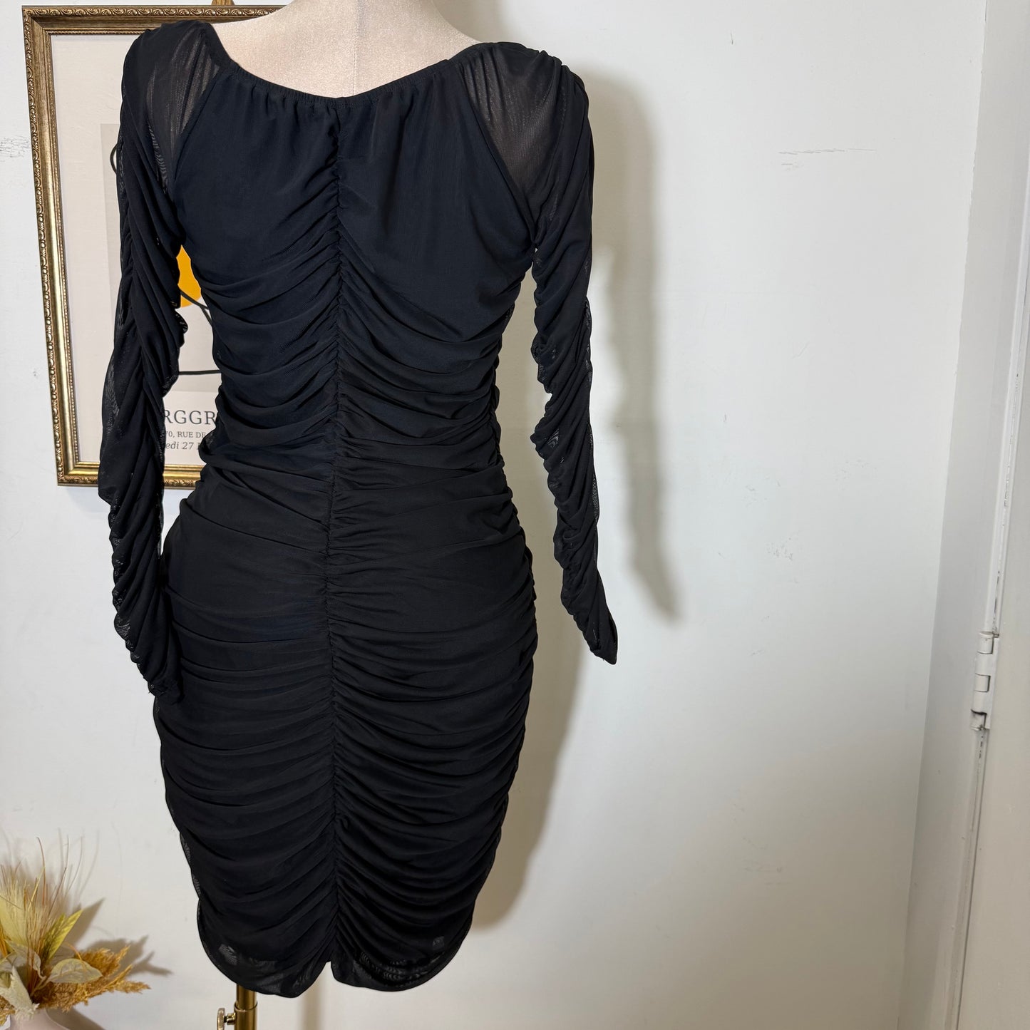 Ruched Off Shoulder Mesh Dress-Black