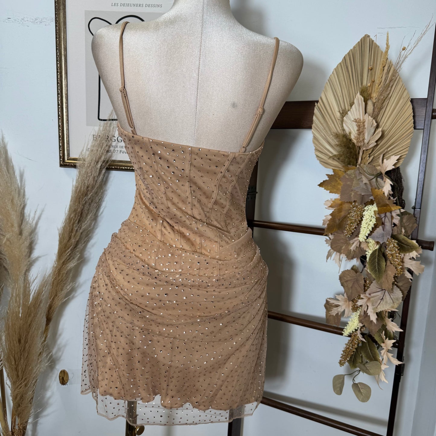 Rhinestone On Overlay Mesh Mini Dress SweetHeart Neckline Adjustable spaghetti Shoulder-Gold