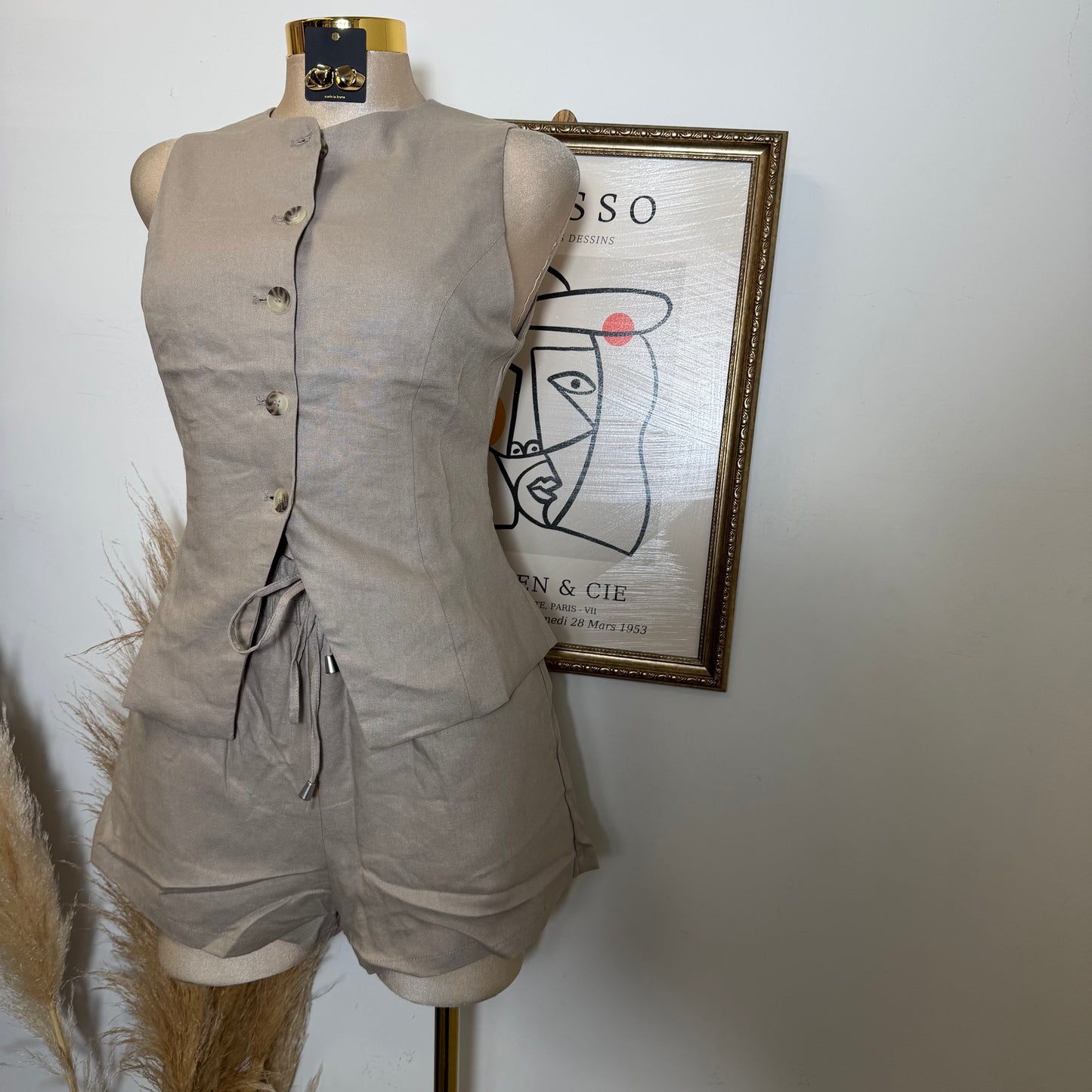 Vest Linen Set Shorts-Mushroom