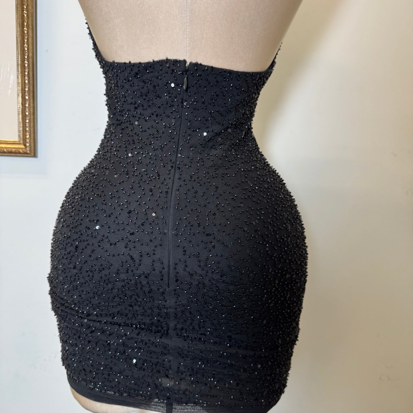 Beads Mesh Halter Neck Mini Dress-Black