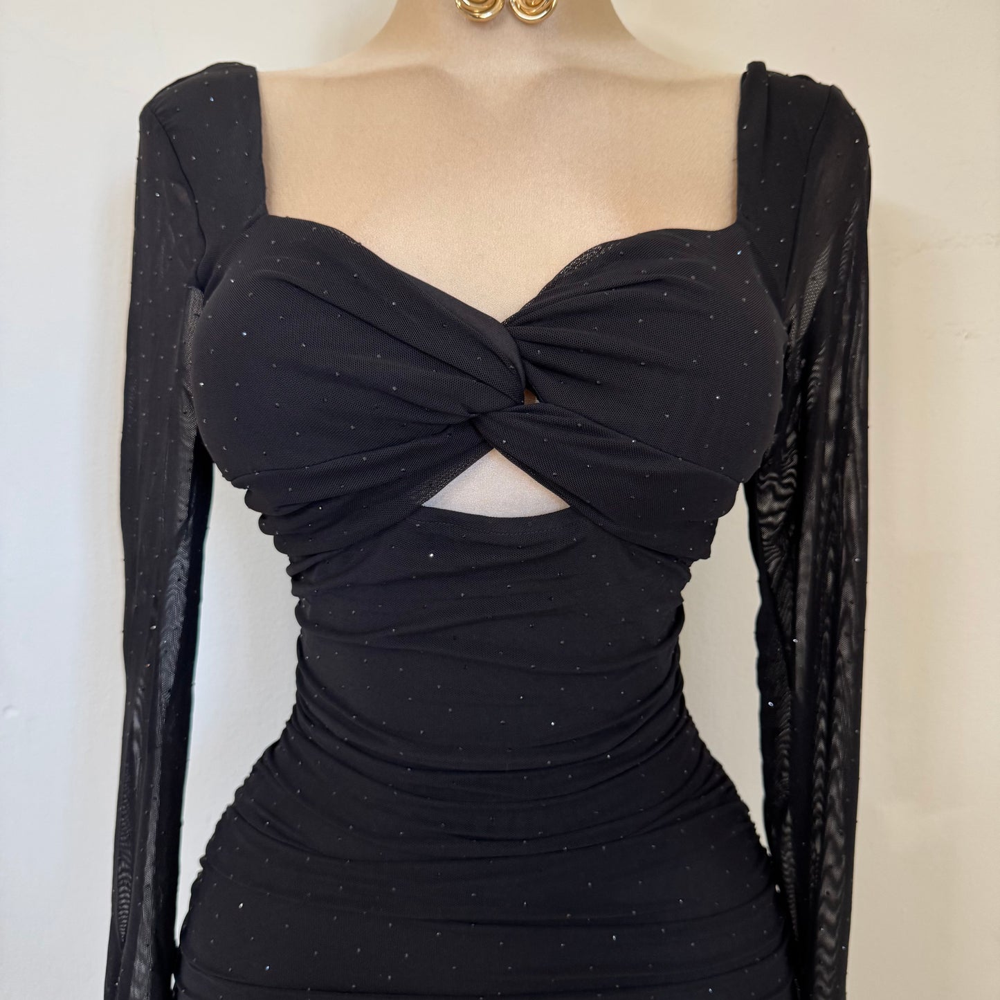 Sweet Heart Long Sleeve Rucing Rhinestone Midi Dress- Black