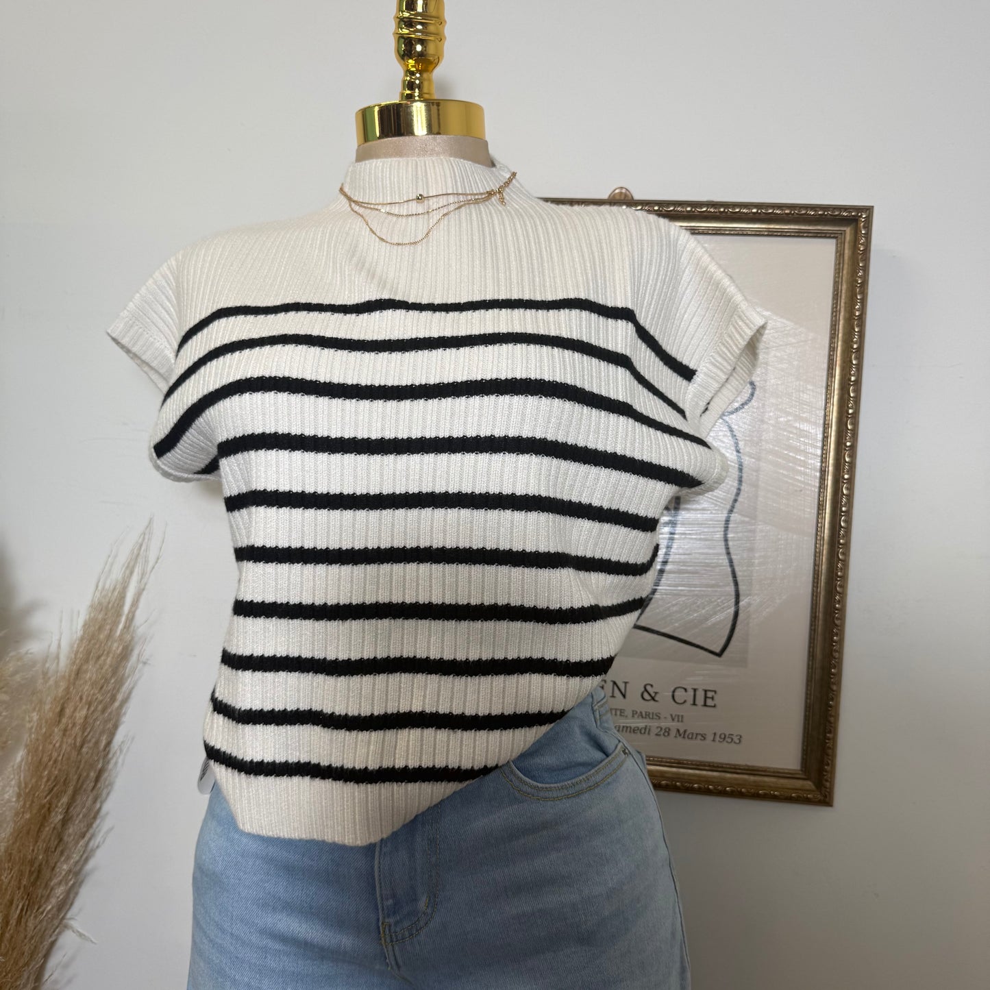 Stripe Mock Neck Short Sleeve Knit Sweater-Ivory