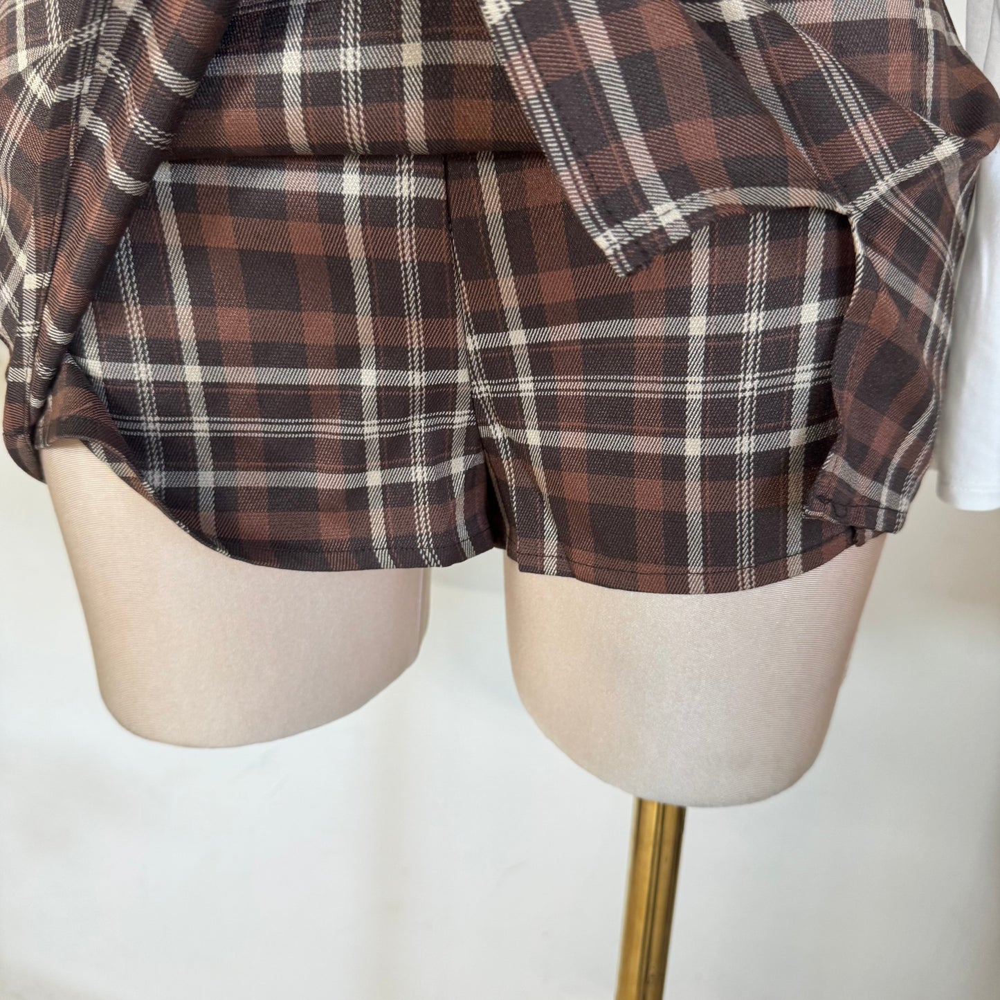 Split Front Plaid Mini Skort -Brown