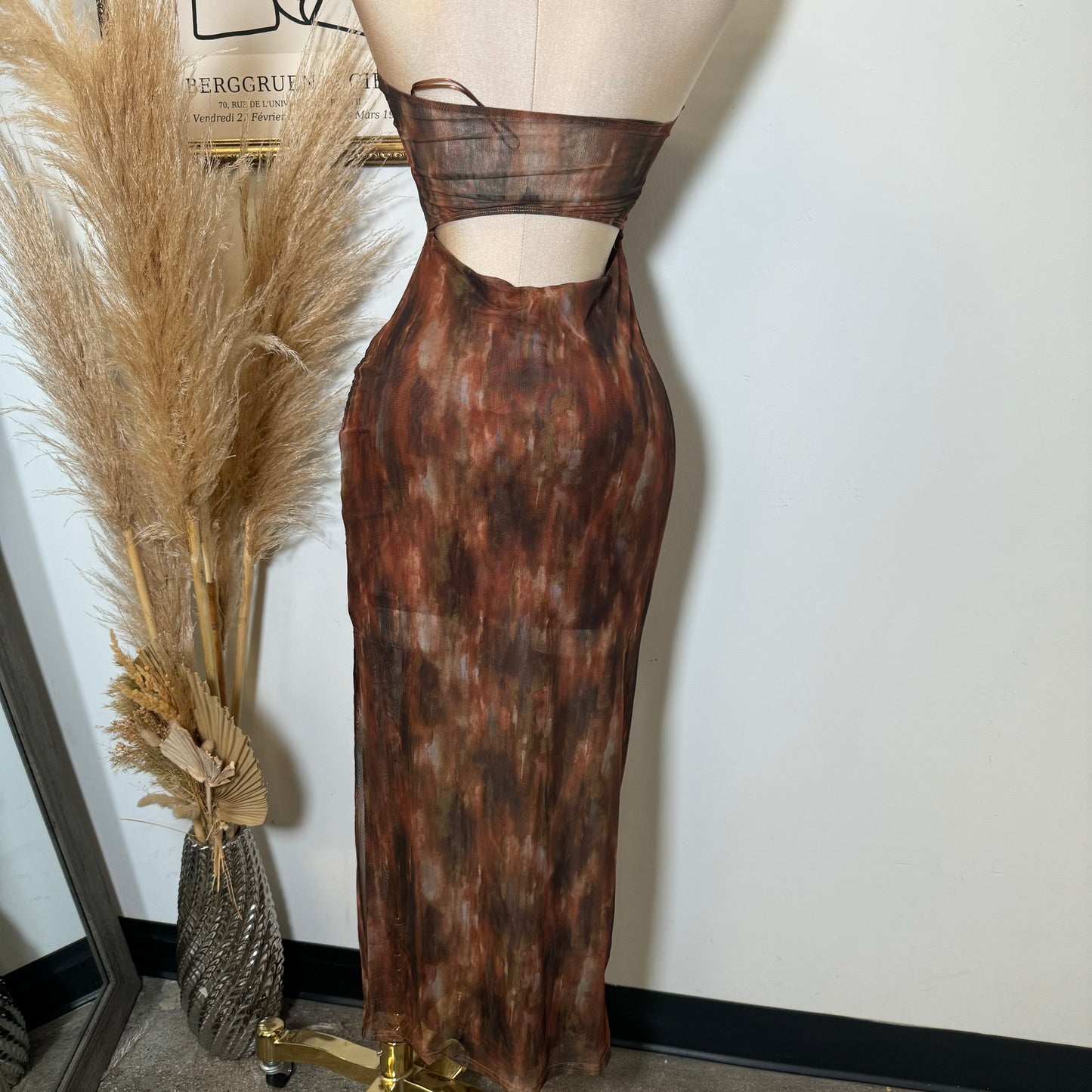 Mesh Print Dress-Brown