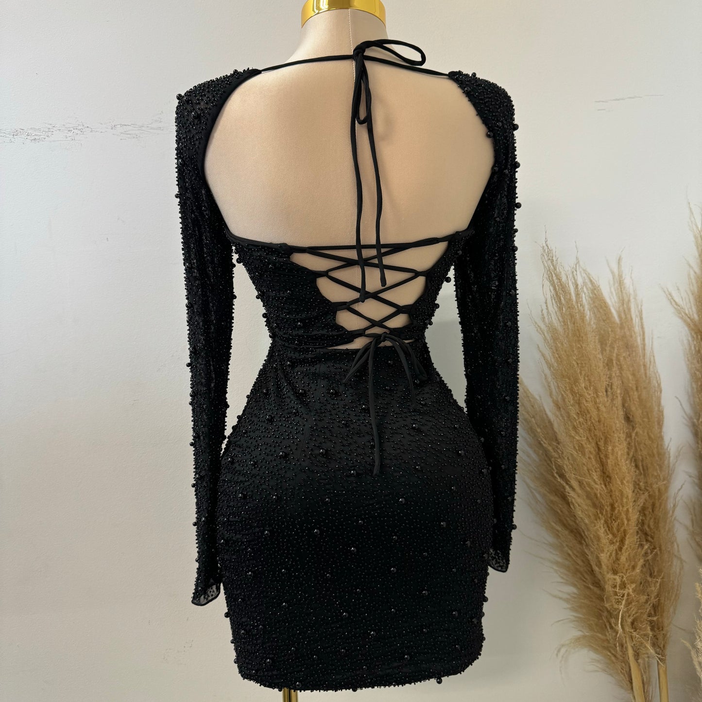 Square Neck Embesllised Dress-Black1