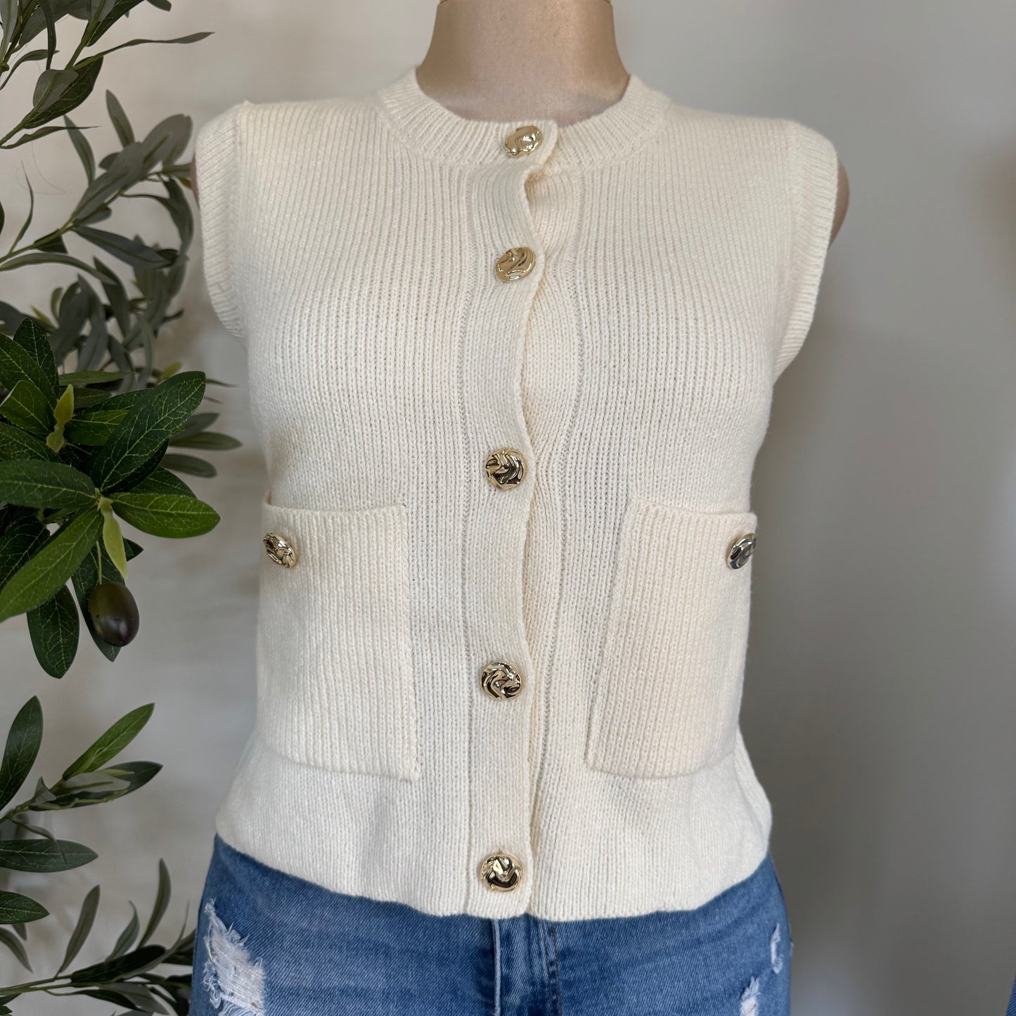 Sleeveless Knit Sweater Vest -Ivory