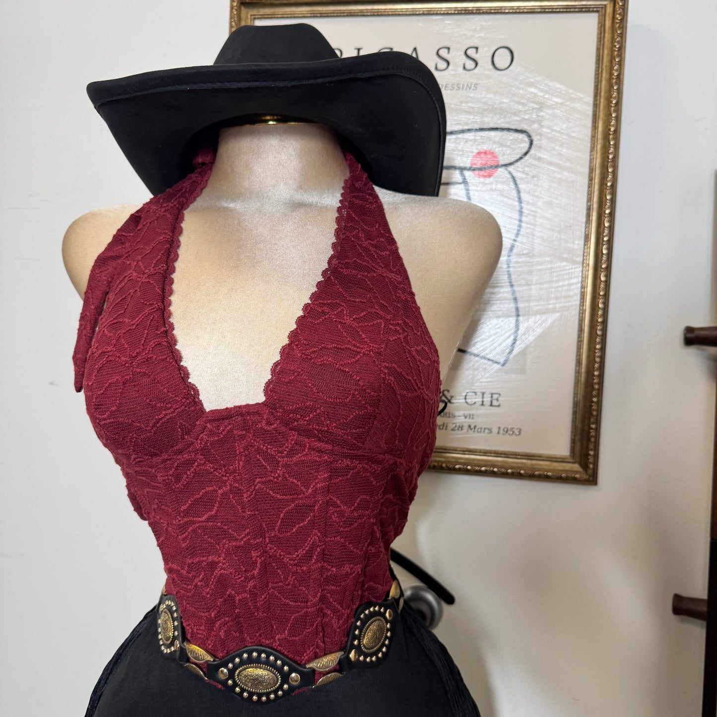 Textured Lace Halter Top-Burgundy