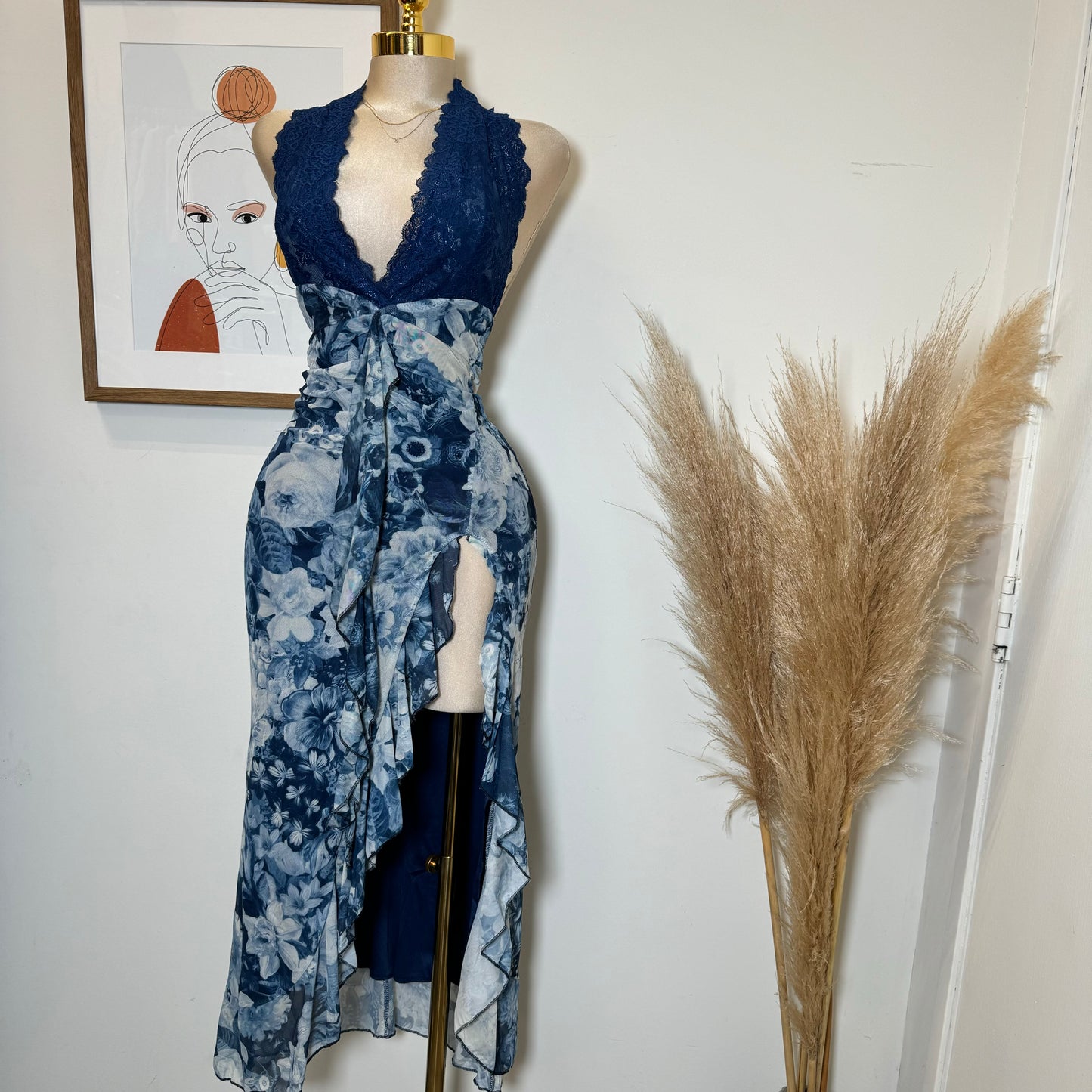 Xio open Slit Dress-Navy