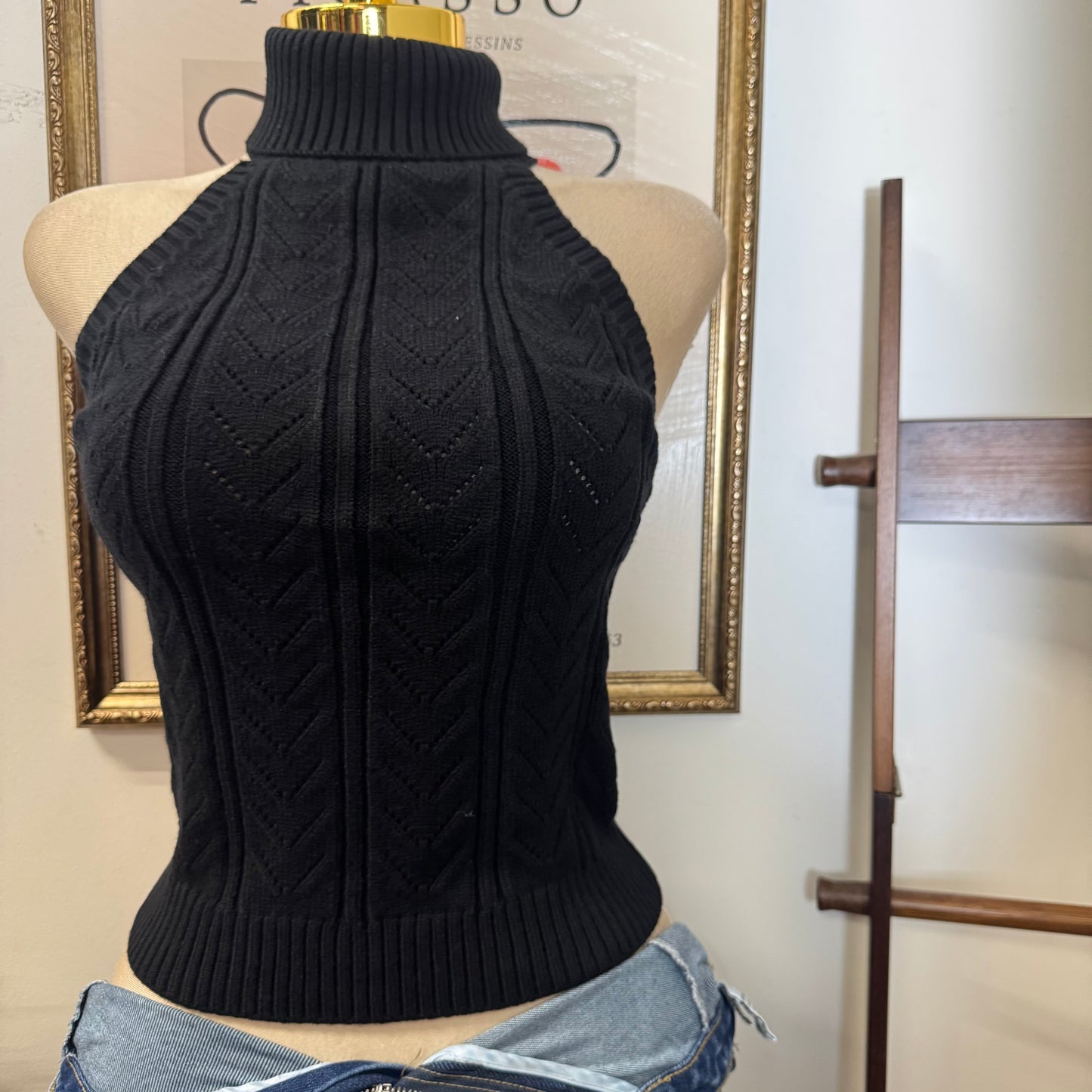Sleeveless Turtle Neck Front Cable Sweater-Black