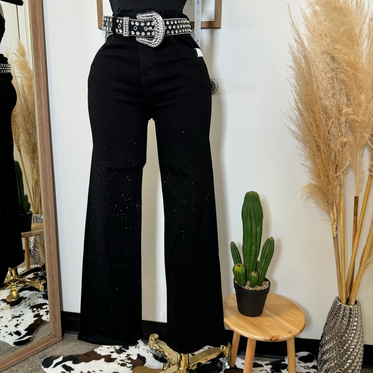 Flare Rhinestone Jeans-Black