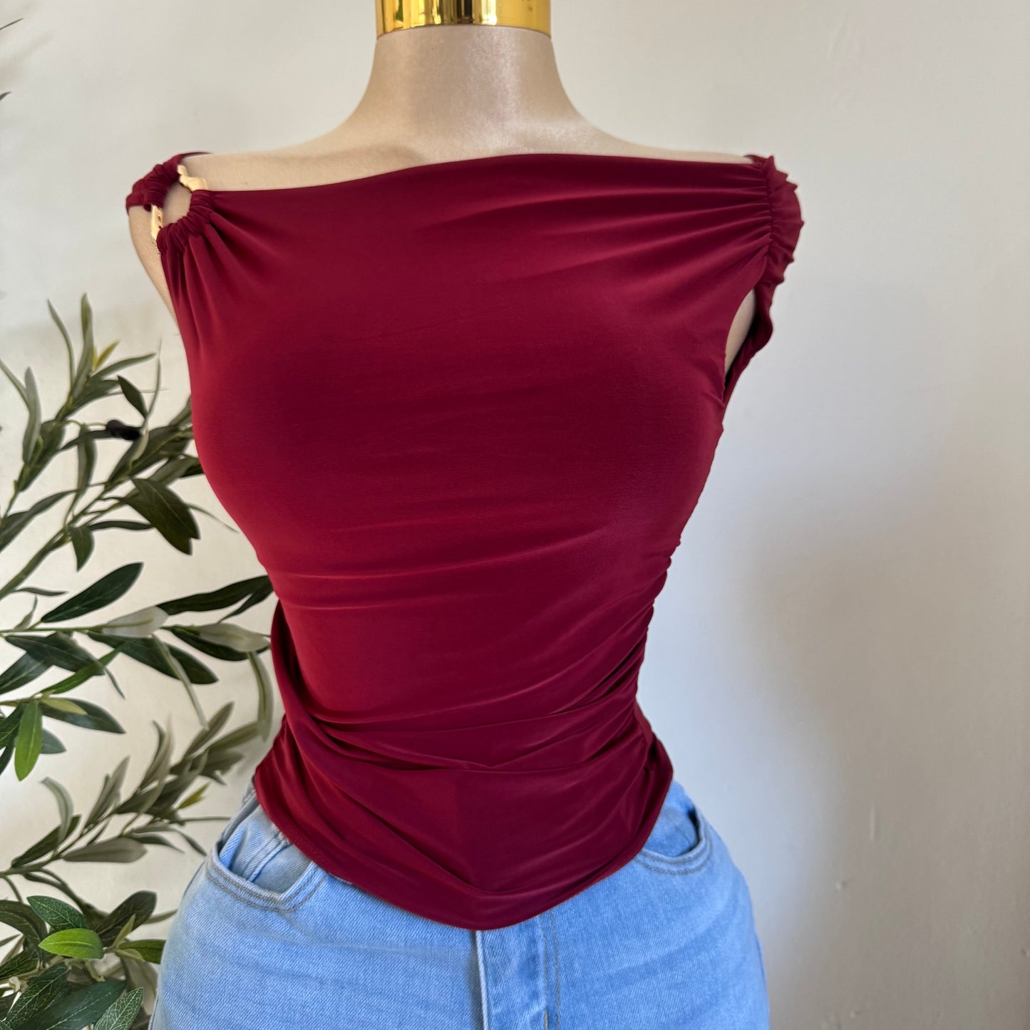 Asymmetrical Top with Gold Detail- Burgundy