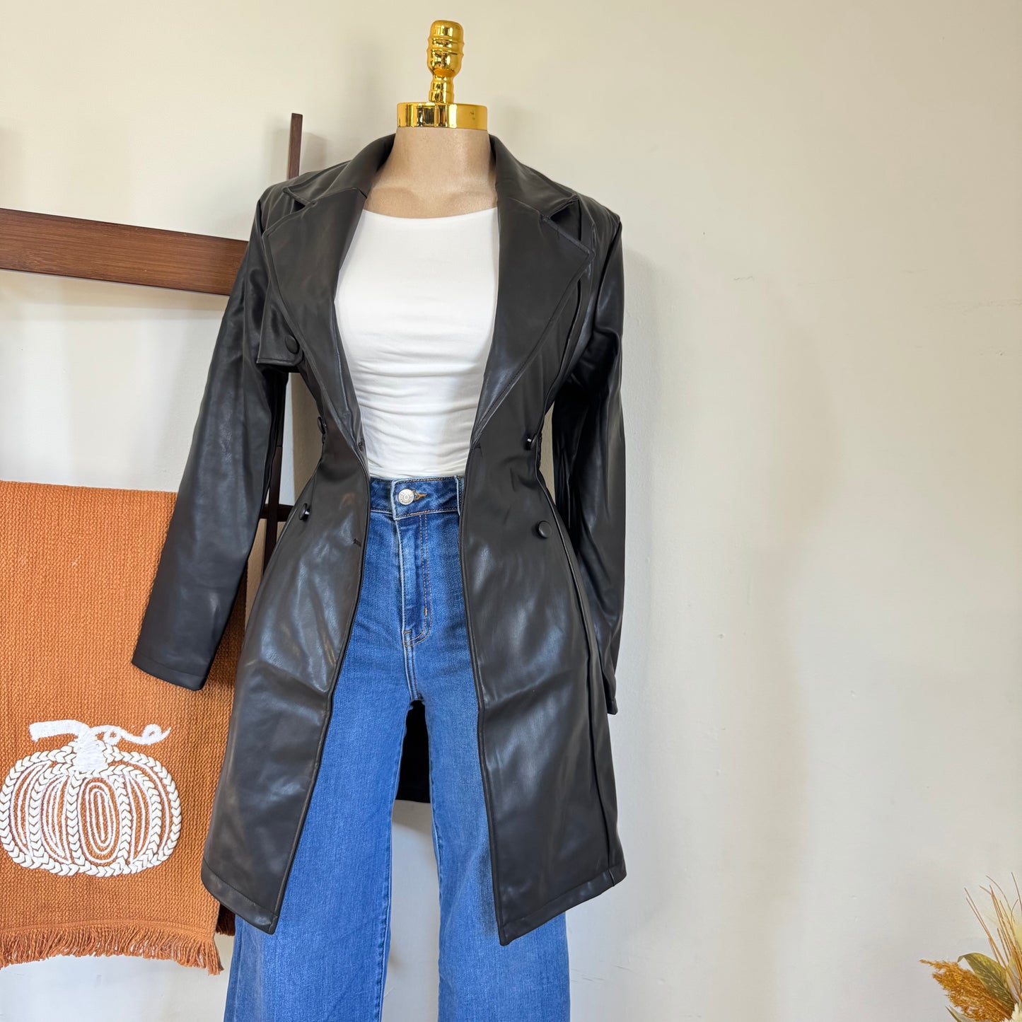 PU double Breasted Belted Trench Coat-Black