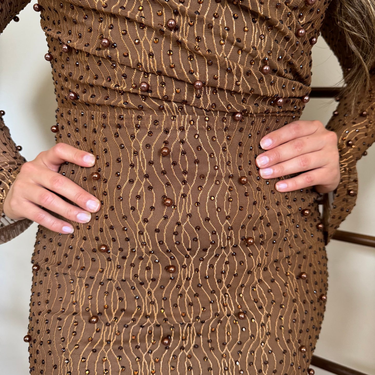 Pearl Detailed Wavy Mesh Mini Dress-Brown