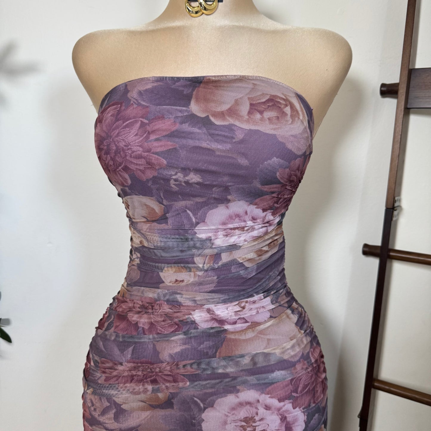 Mesh Print Tube Ruching Maxi Dress-Lavander
