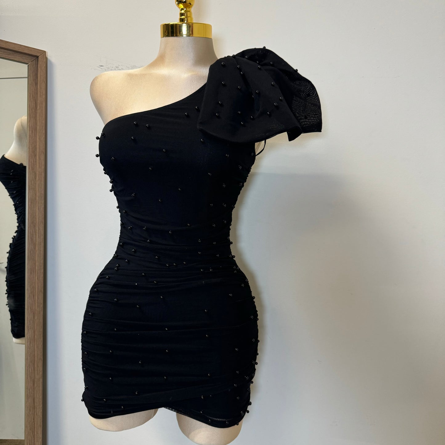 Pearl Bow Dress-Black