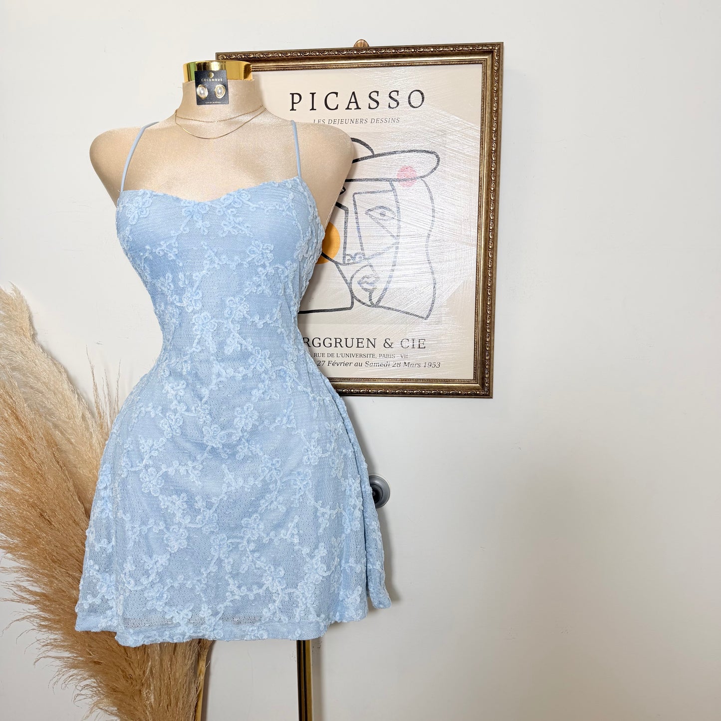 Fleur Faux Fur Tape Flare Mini Dress-Baby Blue