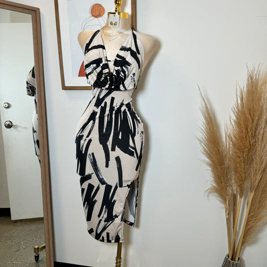 Venechia Cowl Open Slit Dress-Black/White1
