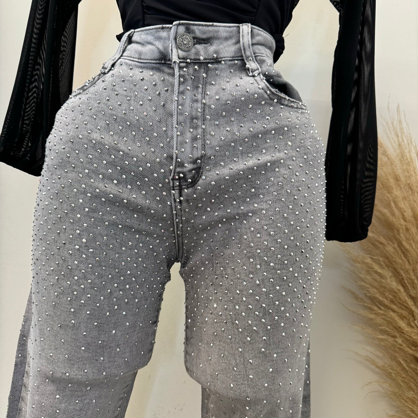 All Rhinestone Pants-Gray