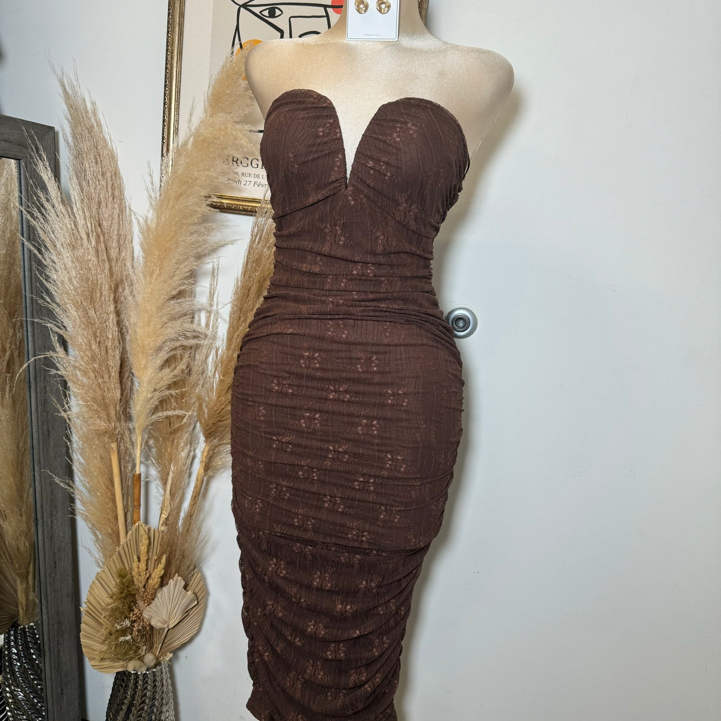 Sweetheart Shape Lace Dress-Brown