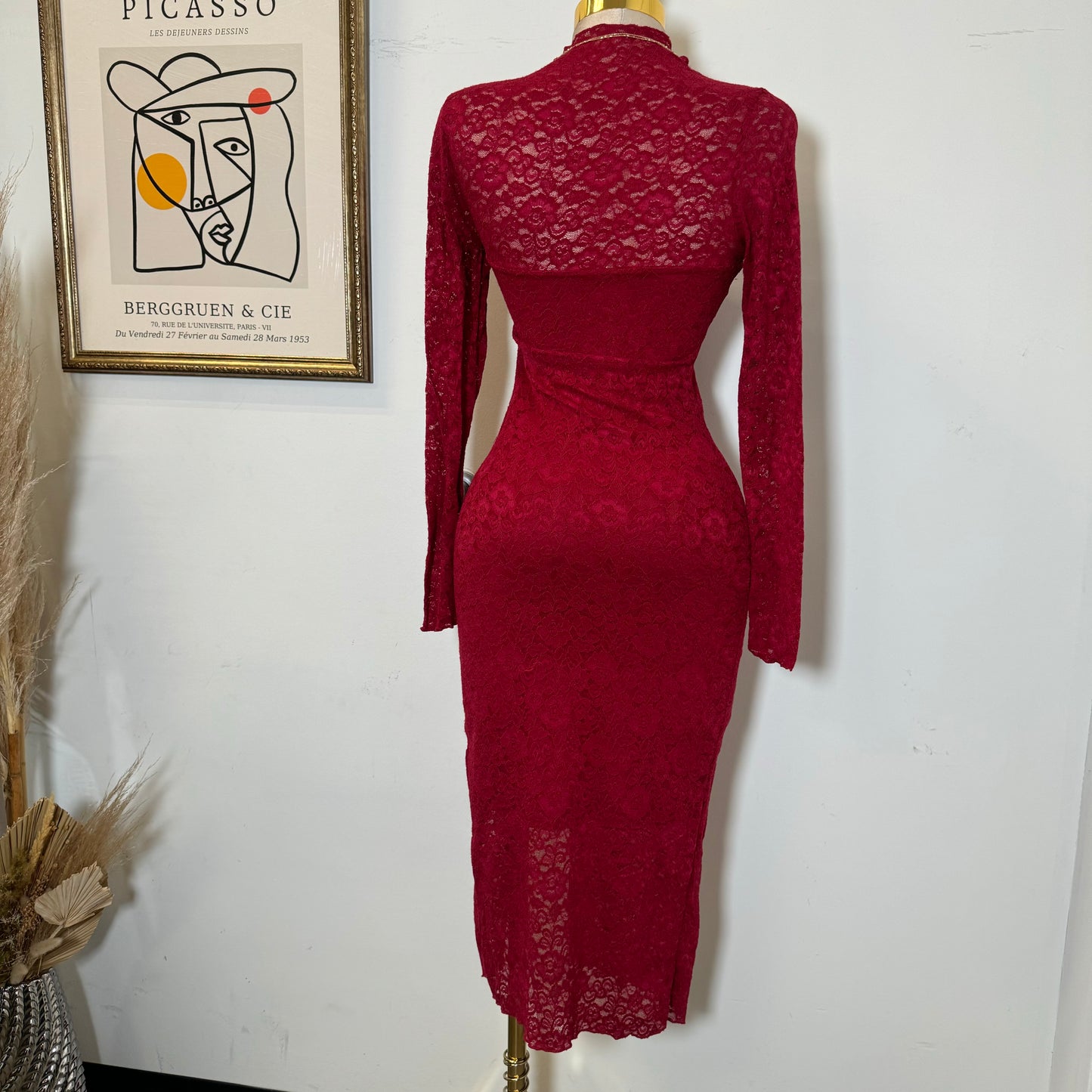 Rosie Lace Midi Open Slit  Dress-Red