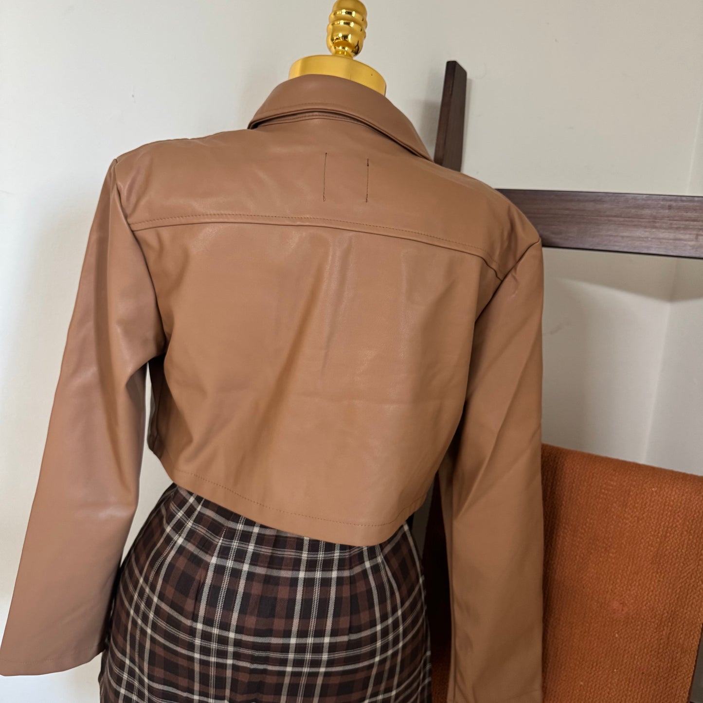 Pu Leather Cropped Jacket- Camel