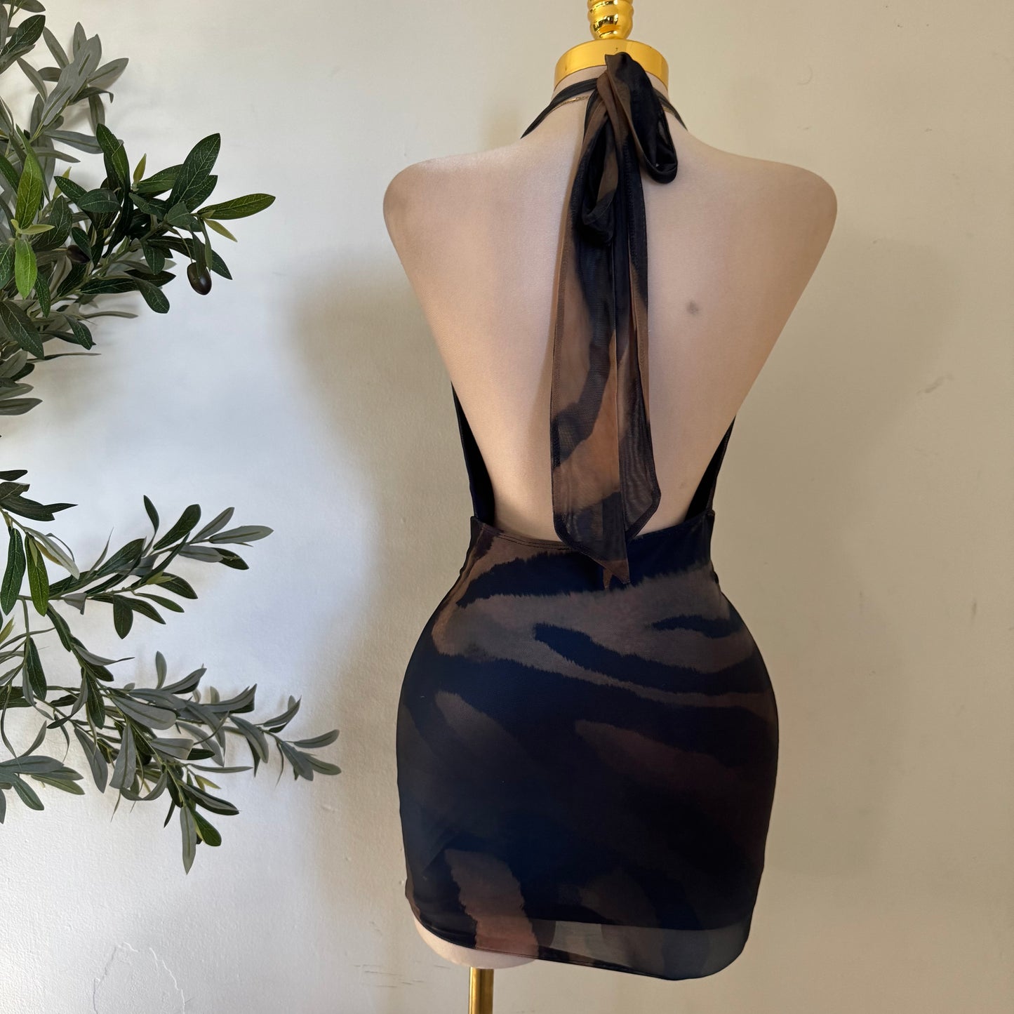 Cowl Halter Mesh Dress-Print Animal