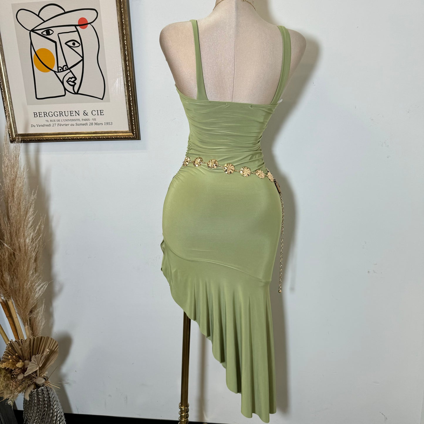 Silky Ruffle Open Slit Dress-Green