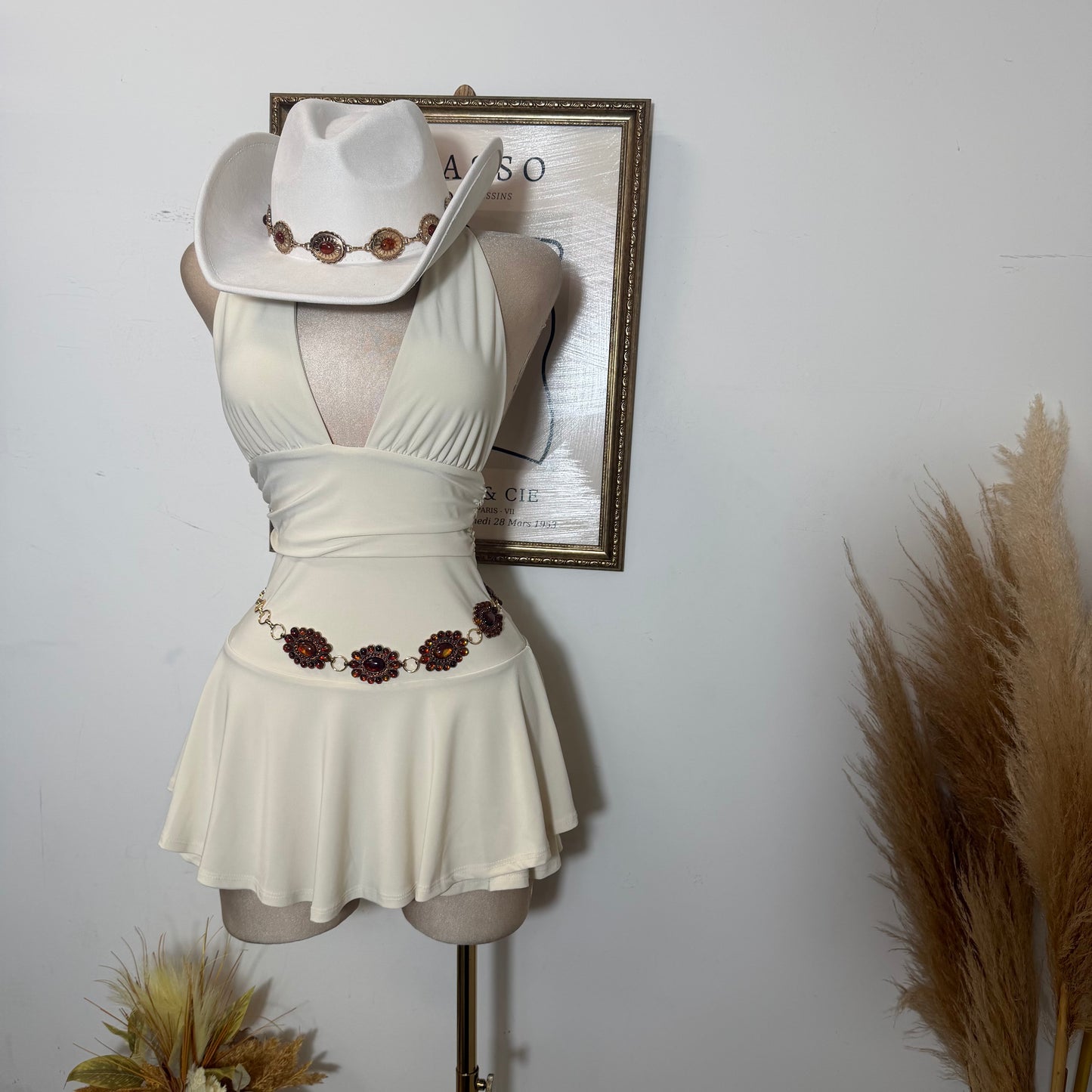 Sleeveless Open Back Halter Ruffle Romper-Beige