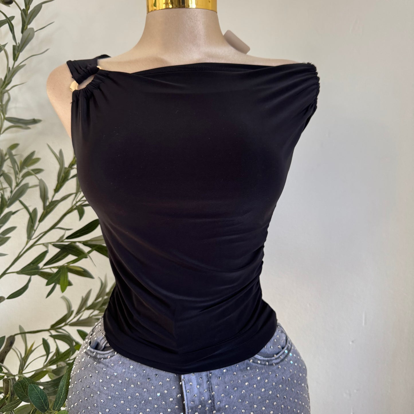 Asymmetrical Top with Gold Detail-Black