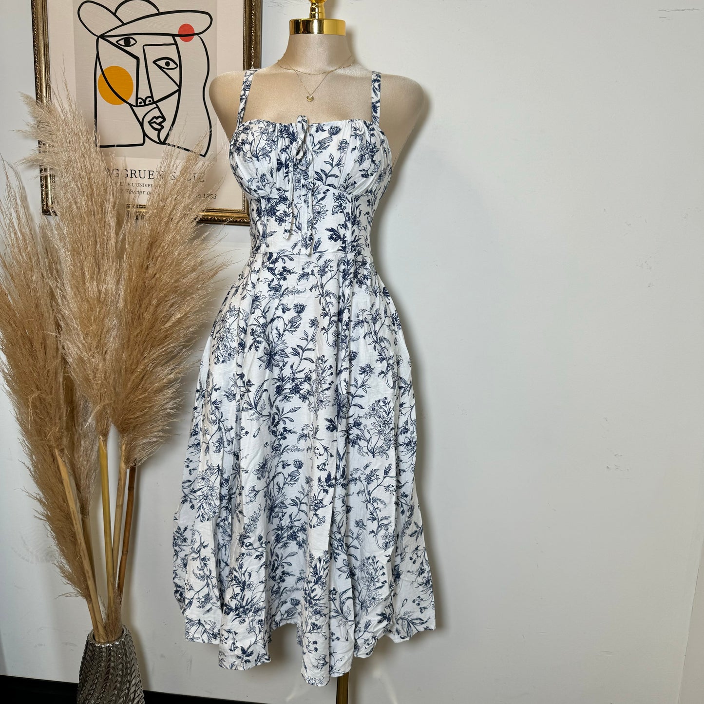 Picnic Corset Midi Dress-Blue/White