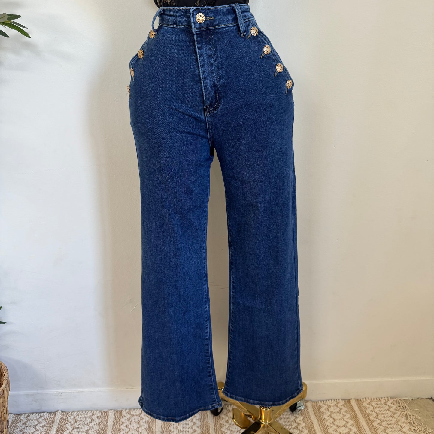 High Waisted Jeans Button On the Side -Denim Blue