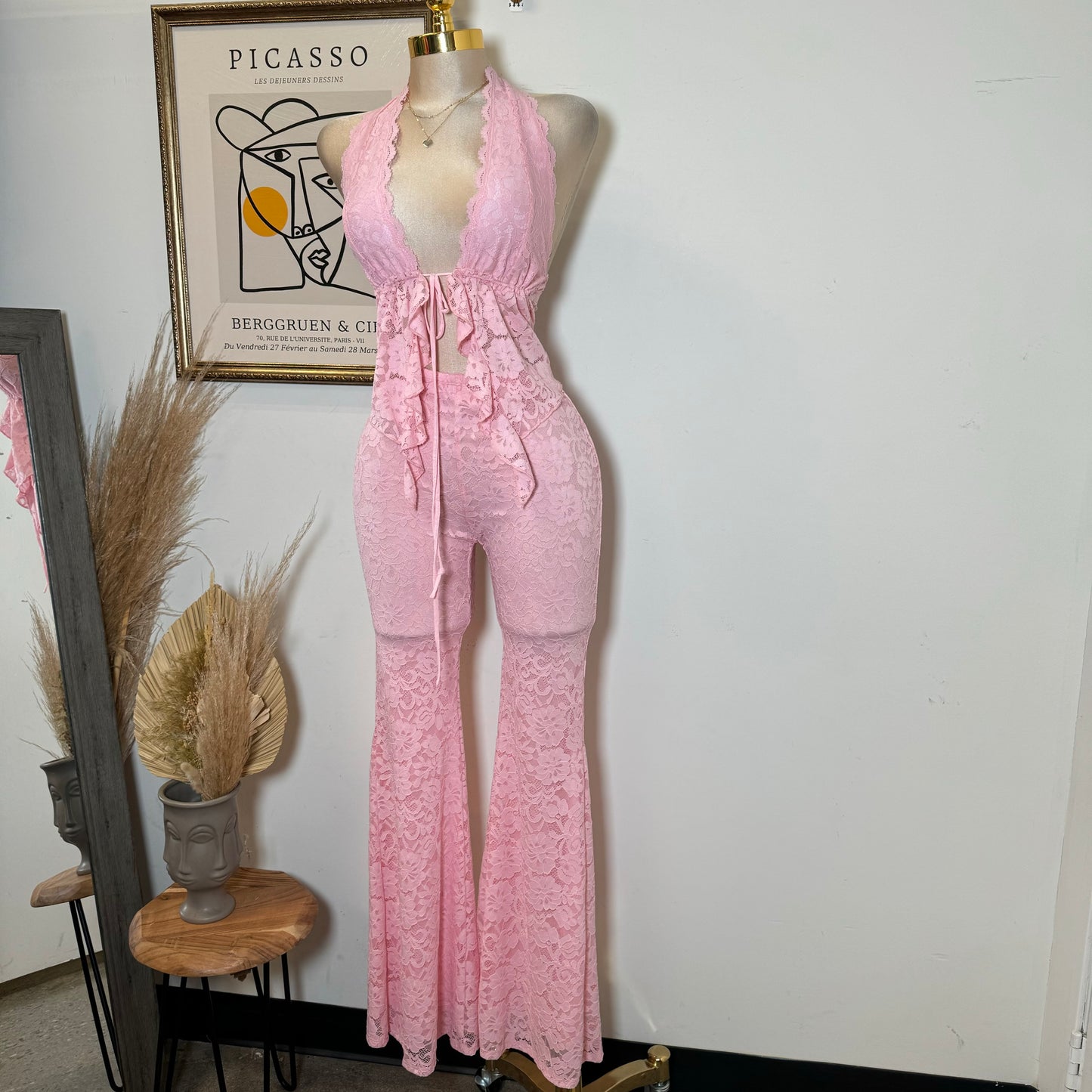 Sexy Lace Pant Set-Pink