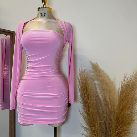 Barbie Long Sleeve Squareneck Dress-Baby Pink