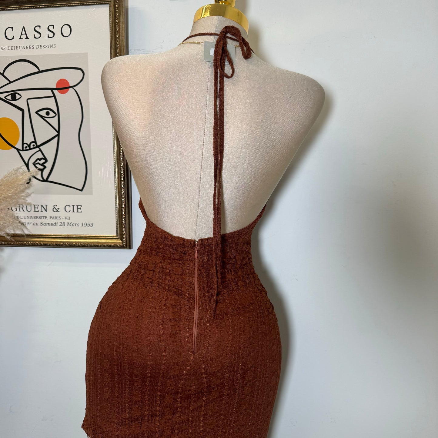 Lace Open Slit Halter Dress-Rust