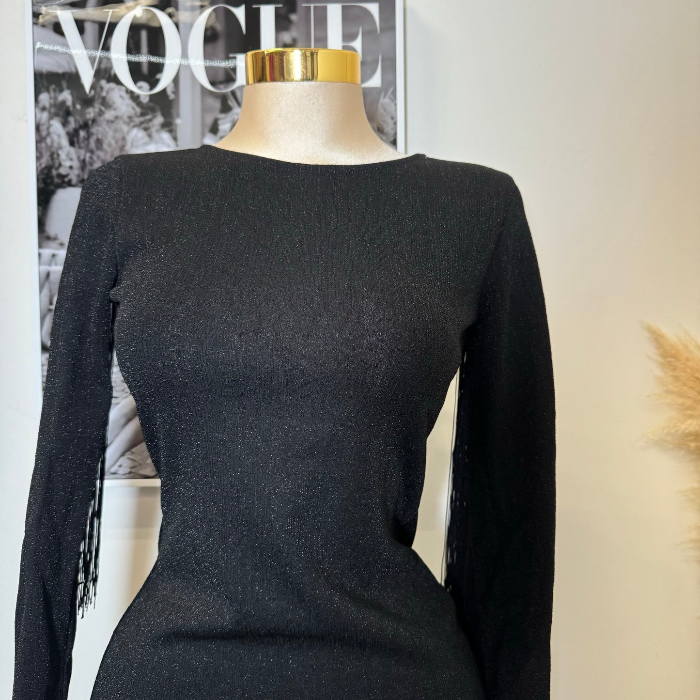 Fringed Metallic Bodycon Dress-Black