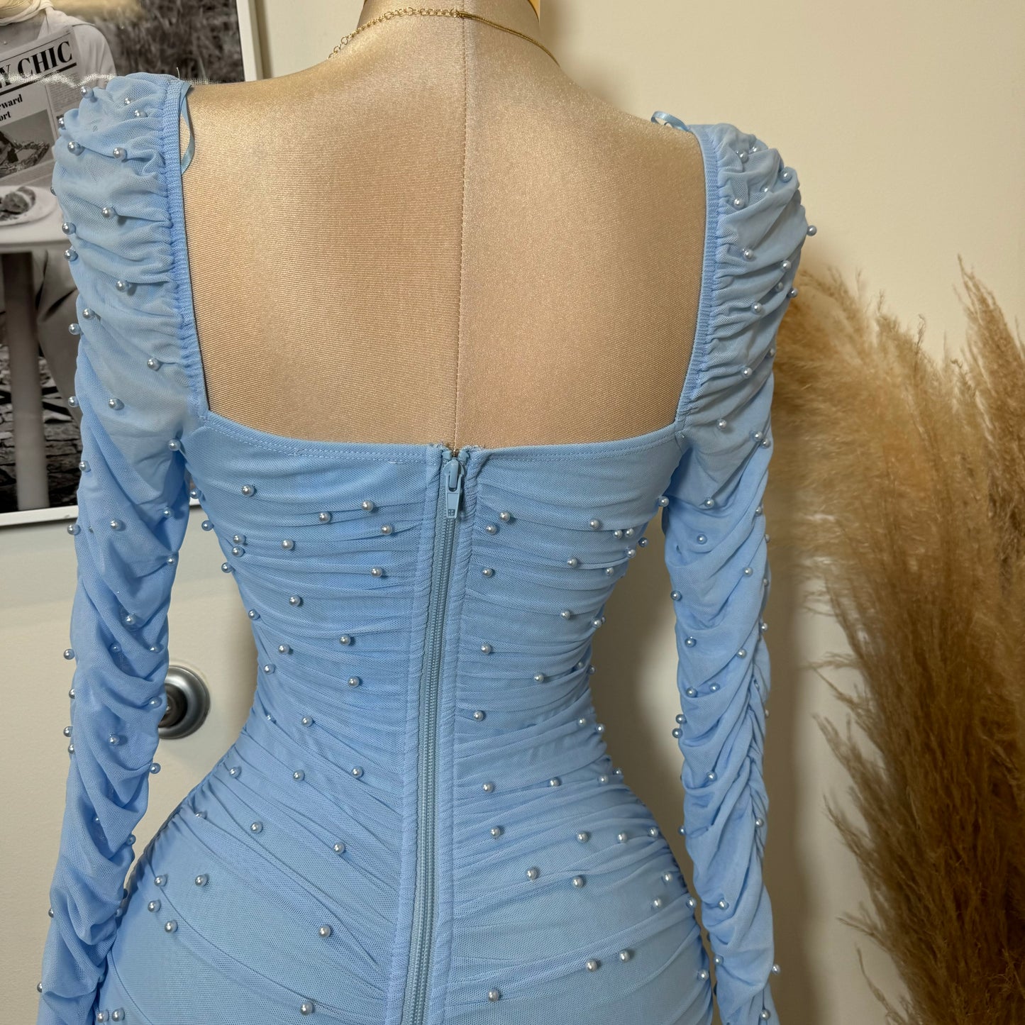 Meghan Pearl Mesh Dress-Baby Blue
