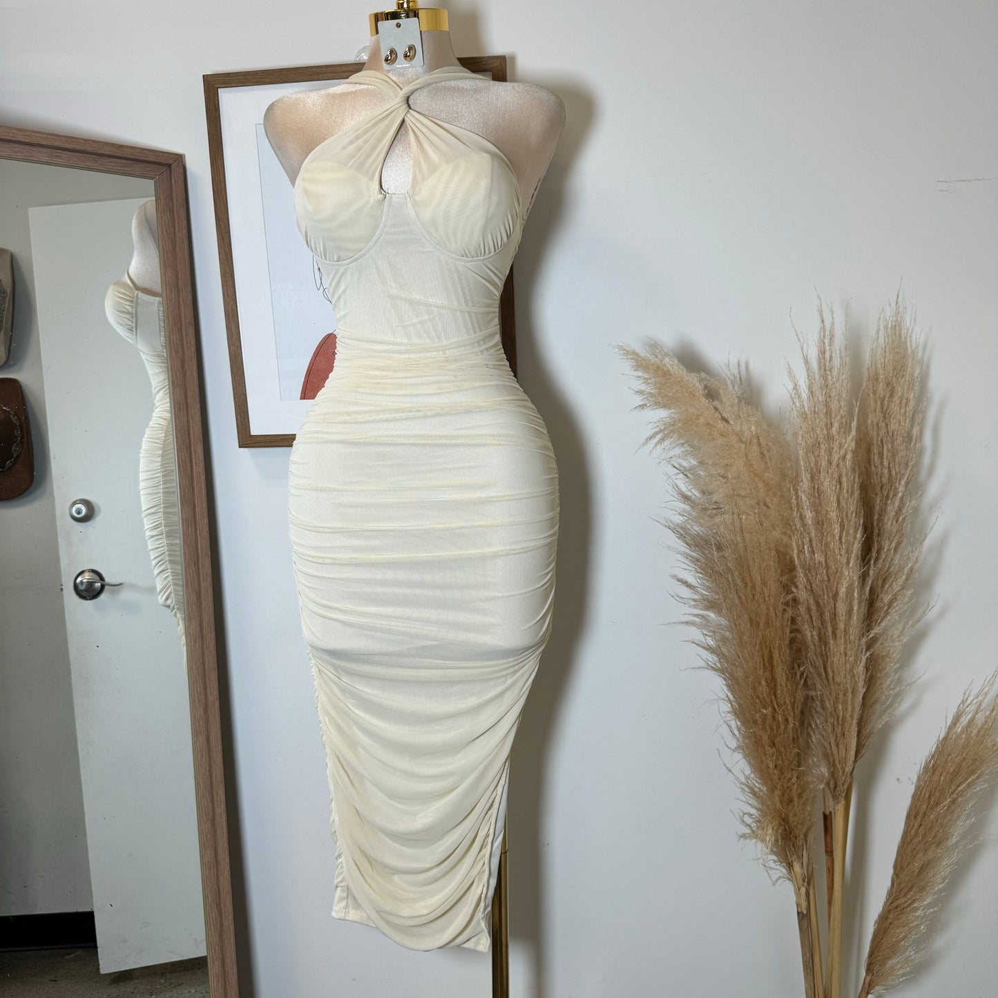 Inara Mesh Twist Halter Neck Midi Dress-Ivory1