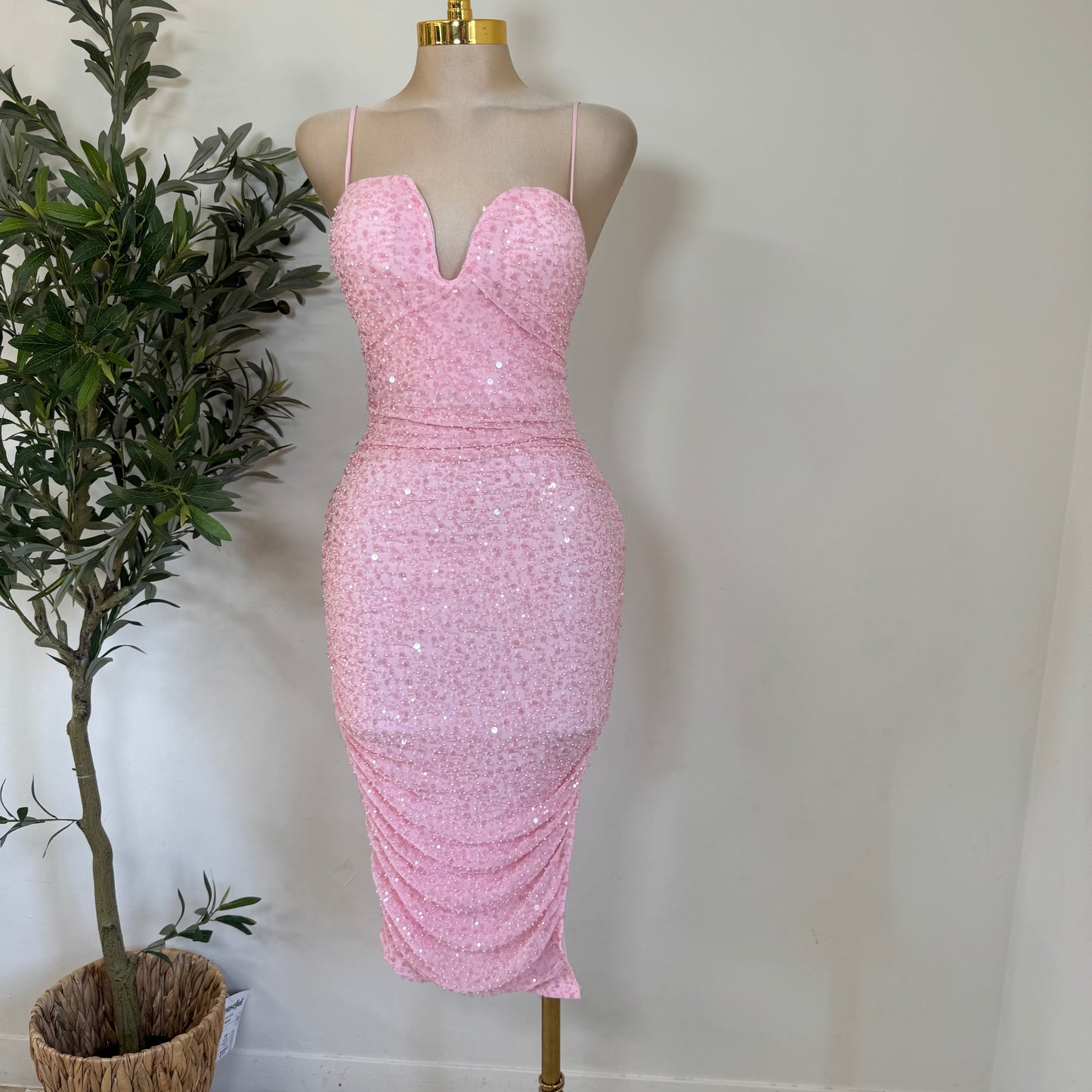 Bead and Sequin Ruched Midi dress-Baby Pink
