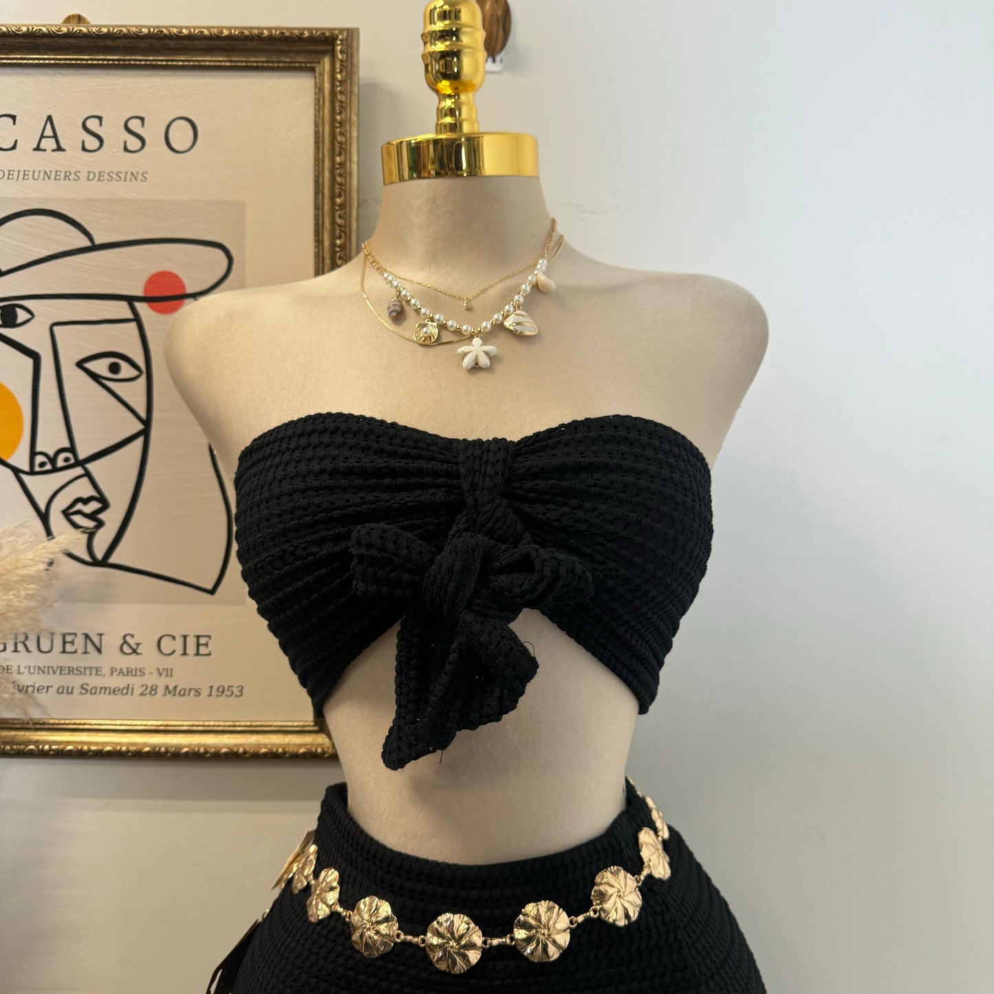 Fishnet Textured Knit Bow Tie Tube Top & Skirt Set-Black