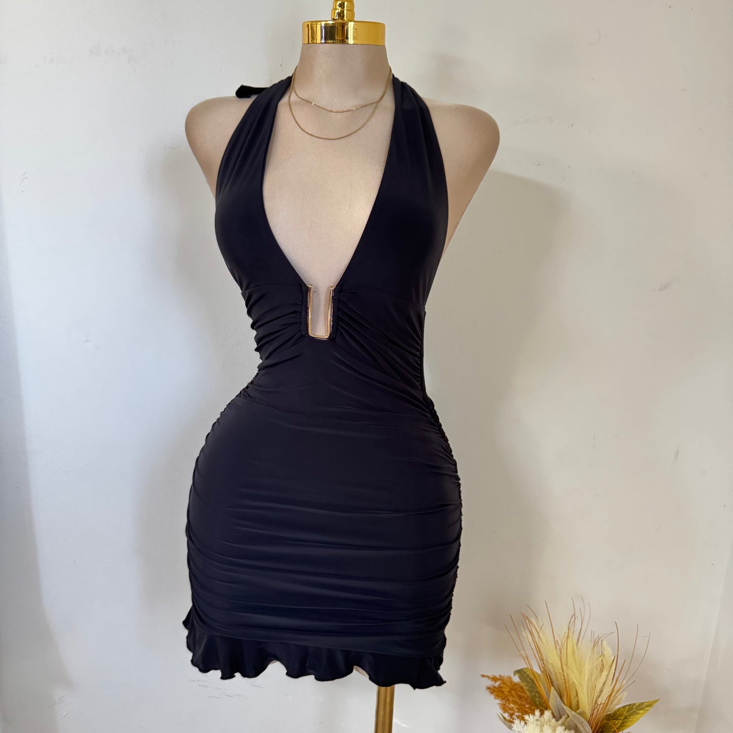 Sleeveless Halter Mini Dress-Black