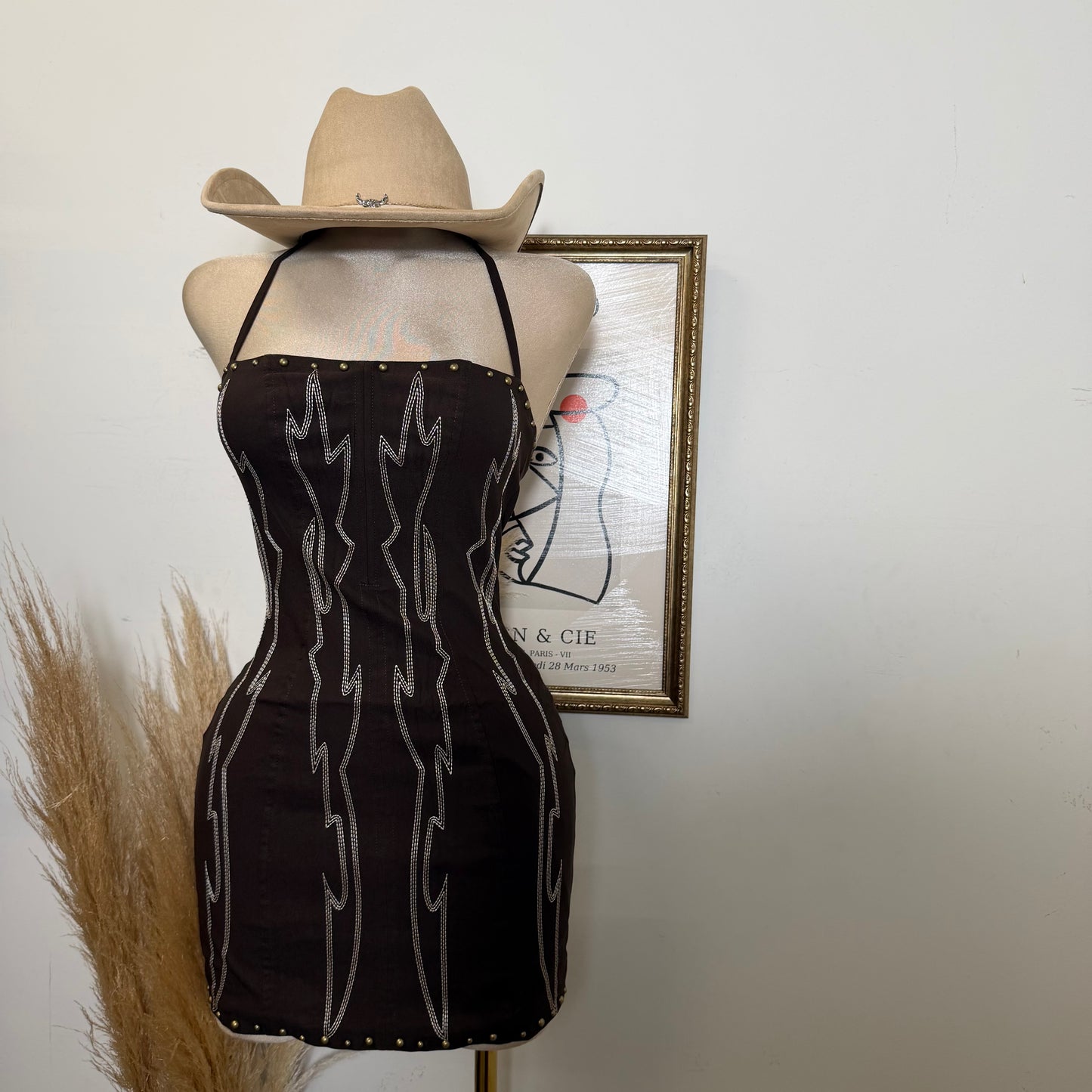 Stretch Embroidered Western Mini Halter Dress-Brown