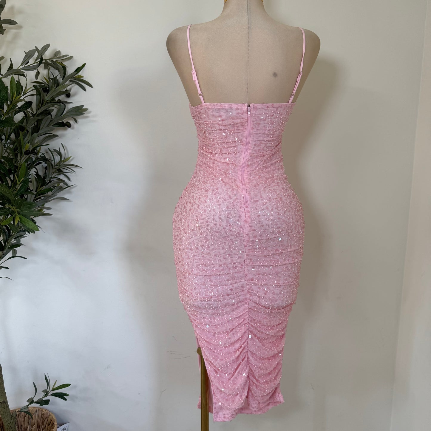 Bead and Sequin Ruched Midi dress-Baby Pink